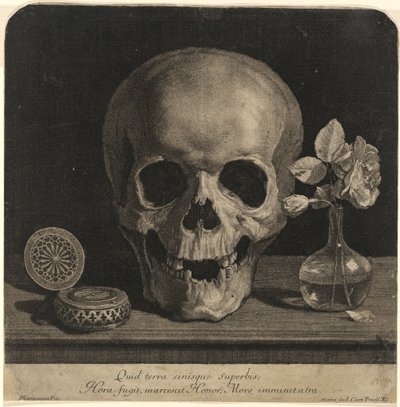 Asetelma kallon ja ruusumaljakon kanssa tekijältä Jean Morin, after Philippe de Champaigne