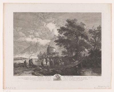 Metsästysryhmä maisemassa sillan kanssa Petite Partie de Chasse (otsikko esineessä) Tulosteet Philips Wouwermanin maalausten jälkeen (sarjan nimi) Oeuvres de Ph.pe Wouwermans Hollandois (sarjan nimi) tekijältä Jean Moyreau