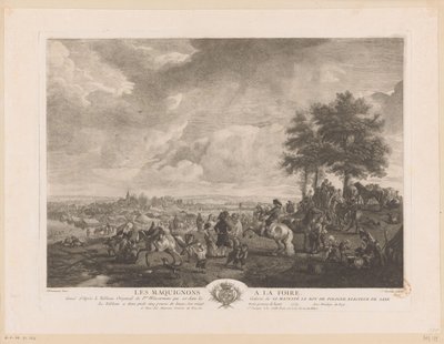 Maisema hevoskauppiaiden kanssa torilla Les Maquignons à la Foire (otsikko esineessä) Printtejä Philips Wouwermanin maalausten jälkeen (sarjan nimi) Oeuvres de Ph.pe Wouwermans Hollandois (sarjan nimi) tekijältä Jean Moyreau