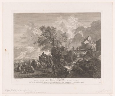Maisema matkailijoiden kanssa vesiputouksella La Cascade (otsikko esineessä) Tulosteet Philips Wouwermanin maalausten jälkeen (sarjan nimi) Oeuvres de Ph.pe Wouwermans Hollandois (sarjan nimi) tekijältä Jean Moyreau