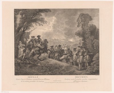 Kulkue sotilaiden kanssa matkalla kaupunkiin Défillé - Decursus (otsikko esineessä) Antoine Watteaun teokset (sarjan nimi) Antoine Watteaun teos, peintre du roy en son Academie roïale de peinture et sculpture (...) (sarjan nimi) tekijältä Jean Moyreau