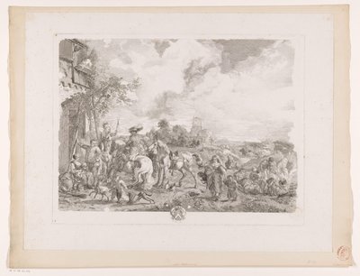 Matkailijat majataloon Les Bohemians Printtejä Philips Wouwermanin maalausten jälkeen (sarjan nimi) Oeuvres de Ph.pe Wouwermans Hollandois (sarjan nimi) tekijältä Jean Moyreau