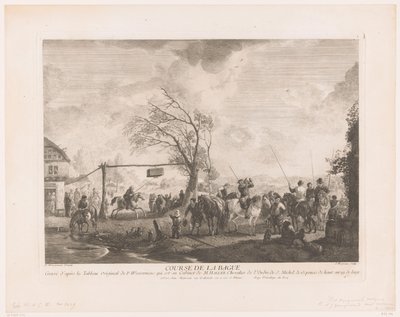 Sormuskyltti kylän majatalossa Cours de la bague (otsikko esineessä) Tulosteet Philips Wouwermanin maalausten jälkeen (sarjan nimi) Oeuvres de Ph.pe Wouwermans Hollandois (sarjan nimi) tekijältä Jean Moyreau