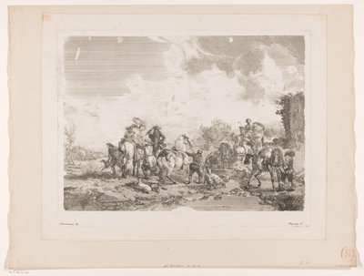 Lepäävät metsästysseurat suihkulähteen äärellä La Fontaine de Venus Tulosteet Philips Wouwermanin maalausten jälkeen (sarjan nimi) Oeuvres de Ph.pe Wouwermans Hollandois (sarjan nimi) tekijältä Jean Moyreau