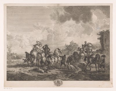 Lepäävät metsästysseurat suihkulähteen äärellä La Fontaine de Venus Printtejä Philips Wouwermanin maalausten jälkeen (sarjan nimi) Oeuvres de Ph.pe Wouwermans Hollandois (sarjan nimi) tekijältä Jean Moyreau