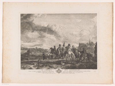 Lepäävät metsästysseurat maisemassa Le Conseil des Chasseurs (otsikko esineessä) Printtejä Philips Wouwermanin maalausten jälkeen (sarjan nimi) Oeuvres de Ph.pe Wouwermans Hollandois (sarjan nimi) tekijältä Jean Moyreau