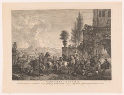 Paluu metsästysseura Palauta chasse et curée (otsikko esineessä) Printtejä Philips Wouwermanin maalausten jälkeen (sarjan nimi) Oeuvres de Ph.pe Wouwermans Hollandois (sarjan nimi) tekijältä Jean Moyreau