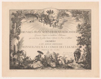 Otsikkoprintti hahmoilla ja eläimillä maisemassa sekä Philips Wouwermanin muotokuva Printtejä Philips Wouwermanin maalausten jälkeen (sarjan nimi) Oeuvres de Ph.pe Wouwermans Hollandois (sarjan nimi esineellä) tekijältä Jean Moyreau