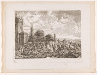 Sortida de la festa de caça cap a una casa Partie de Chasse pour le Vol Gravats després de pintures de Philips Wouwerman (títol de la sèrie) Oeuvres de Ph.pe Wouwermans Hollandois (títol de la sèrie) acabat tekijältä Jean Moyreau