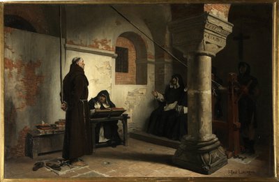 Bernard Delicieux (1260-1319) inkvisition tuomioistuimessa - Jean Paul (Jean-Paul) Laurensin (1838-1921) maalaus, öljy kankaalle, noin 1881, 79x121 cm - (Bernard Delicieux ennen inkvisitiotuomioistuinta Jean Paul Laurensin kangas) - Sta tekijältä Jean Paul Laurens