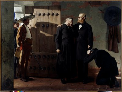 Meksikon keisari Maximilian I (1832-1867) ennen teloitustaan 19. kesäkuuta 1867 Kuningas lohdutti pappia ennen kuin poistui vankilastaan. Jean Paul Laurensin (1838-1921) maalaus 1882 Pietari. Eremitaasin museo. tekijältä Jean Paul Laurens
