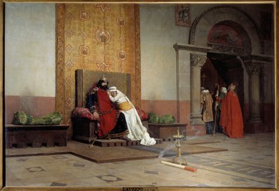 Robert II hurskaan ekskommunikaatio vuonna 998. Ranskan kuningas, Hugues Capetin poika, rakastuu ja menee naimisiin serkkunsa Berthen kanssa Burgundiasta huolimatta paavi Gregoire V:n desaprobaatiosta, joka myös luovuttaa hänet. Jean Paul Laurensin maalaus tekijältä Jean Paul Laurens