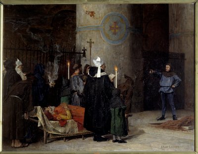 William Valloittajan (1027-1087), Englannin kuninkaan hautajaiset 1066-1087 (1087) Caenin Abbey aux Hommesissa (Abbey-au-Hommes). Mies nimeltä Asselin keskeyttää seremonian. Jean Paul Laurensin (1838-1921) maalaus tekijältä Jean Paul Laurens