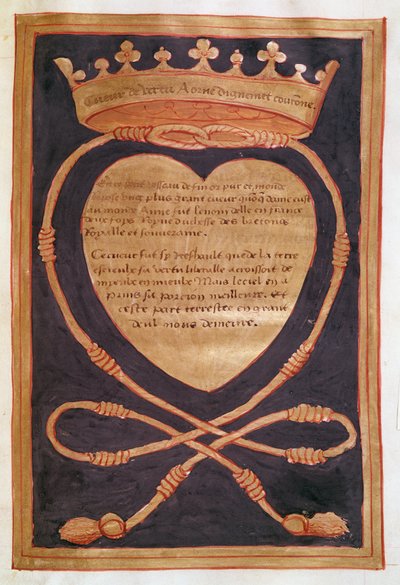 Fol. 61r Rohkeuden kruunattu sydän, kertomuksesta Anne of Bretagnen hautajaisista (1477-1514) 1515 tekijältä Jean Perreal