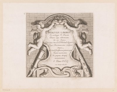 Otsikkopainatus kahdella putilla ja Herculesin ominaisuuksilla Labors of Hercules (sarjan nimi) Herculis Labores (sarjan nimi esineessä) tekijältä Jean Pesne