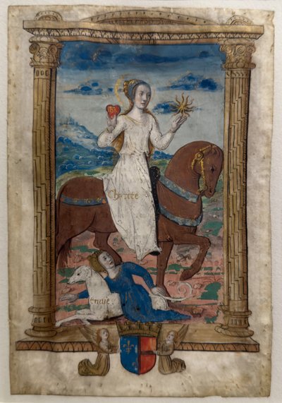 Hyväntekeväisyys ja kateus. Les rondeaux des vertus, vuoden 1515 jälkeen (maalattu ja valaistu pergamentti). tekijältä Jean Pichore