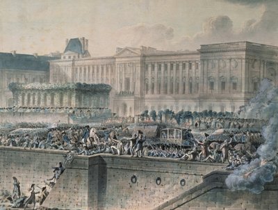 Ludvig XVI:n (1754-93) saapuminen Louvren edustalle, 17. heinäkuuta 1789 (wc ja guassi paperilla) tekijältä Jean Pierre Houel