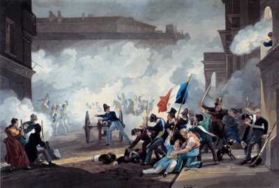 Vuoden 1830 vallankumous: Ecole Polytechniquen opiskelija takavarikoi tykin palas-Royalin valloituksen yhteydessä 28. heinäkuuta tekijältä Jean Pierre Marie Jazet