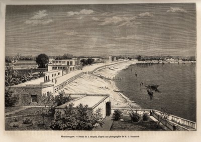 Chandernagor (nykyinen Chandannagar, Länsi-Bengalissa), Gangesin rannalla, kaiverrus J. Moynetin piirustuksen mukaan, havainnollistaa rajahien matkaa Intiassa vuosina 1864-1868, Louis Rousselet, julkaistu "" Le tour du monde”” 1874, toimitettu tekijältä Jean Pierre Moynet