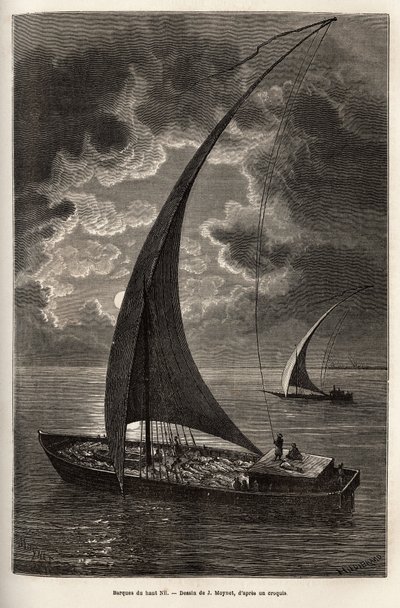 Les barques du haut Nile, alennettu miehistö ja matkustajat nukkuvat kannella kuunvalossa, kaiverrus J. Moynet
