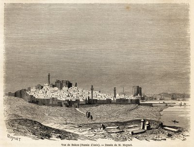 Näkymä Bakusta (Venäjä, Azerbaidžan), Mr. Moynetin piirustus havainnollistamaan matkaa Kaspianmeren rannikolle lokakuussa 1858, Mr. Moynet. Kaiverrus "" Le tour du monde, nouveau journal des voyages"" Paris tekijältä Jean Pierre Moynet