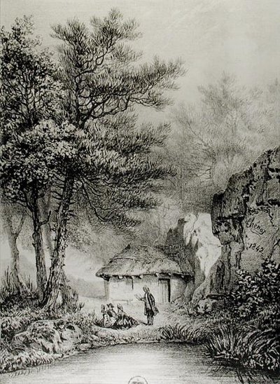Jean-Jacques Rousseaus (1712-78) -mökki Ermenonvillessä, 1842 tekijältä Jean Pierre after Thenot