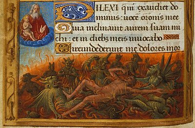 Book of Hours, Yksityiskohta: Sukellukset, joita demonit piinaavat ja joita Lasaruksen sielu katseli, n. 1500 tekijältä Jean Poyet