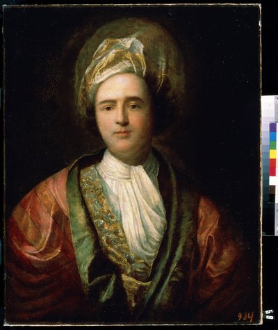 ""Koomikon muotokuva itämaisessa näyttämöasussa"" (Näyttelijän muotokuva) Hänellä on turbaani. Jean Rancin (1674-1735) maalaus 1700-luvun Mihail Kroshitskyn taidemuseo, Sevastopol (Sevastopol) Ukraina tekijältä Jean Ranc