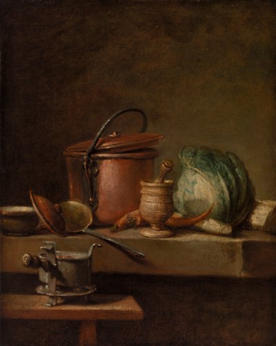 Asetelma kuparisen kattilan, kaalin, survin ja liesi kanssa tekijältä Jean Baptiste Simeon Chardin