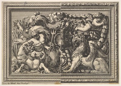 Suunnittelu paneelille, jossa on kaksi vaihtoehtoa, jotka sisältävät hippokampin ja griffinin, julkaisusta: Ornements..., 1651. tekijältä Jean le Pautre