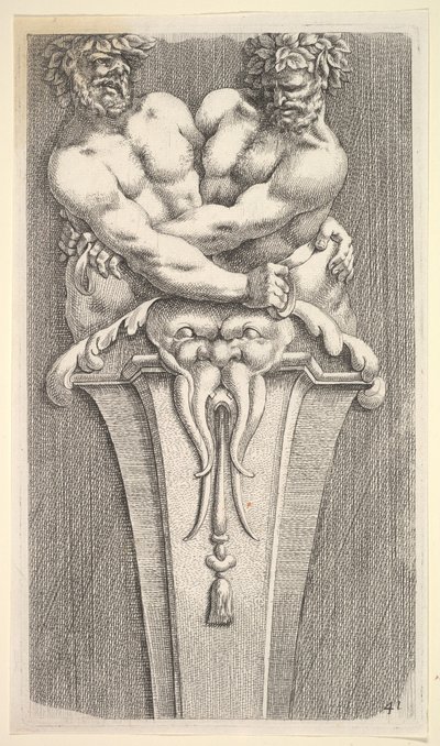Suunnittelu termille, jossa on kaksi bakkifiguuria, julkaisu: Curieuses Recherches de Many Beaus..., 1645. tekijältä Jean le Pautre