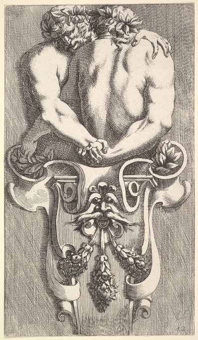 Suunnitelma termille, jossa on kaksi syleilevää satyyriä, lähde: Curieuses Recherches de Many Beaus..., 1645. tekijältä Jean le Pautre