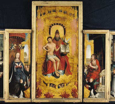 Pyhän kolminaisuuden kirkastamisen polyyptyykki, keskipaneeli, joka kuvaa kolminaisuutta, neitsyttä ja Pyhää Johannes Kastajaa, n. 1509-16 tekijältä Jean the Elder Bellegambe
