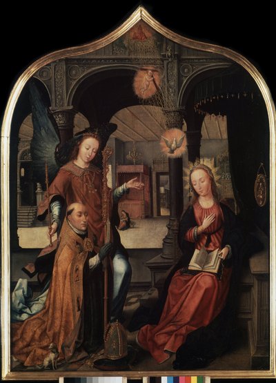 ""kuvaus julistuksesta Brysselin suojeluspyhimyksen Guillaumen kanssa"" Julistuksen triptyykin keskipaneeli (The Annunciation). Jean Bellegambe vanhemman (1470-1534) maalaus puulle Pietari, Eremitaaši tekijältä Jean the Elder Bellegambe