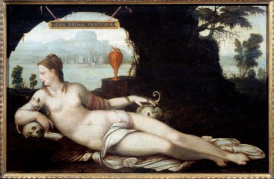 Eva Prima pandora -esitys naisesta, joka risteää Eevan ja Pandoran ominaisuudet, jotka kaikki tuovat kaiken pahan maan päälle. Jean Cousinin maalaus (vanite) nimeltä Isä (1490-1560) 1500-luvulla. Himmeä. 0,97x1,5 m. tekijältä Jean the Elder Cousin