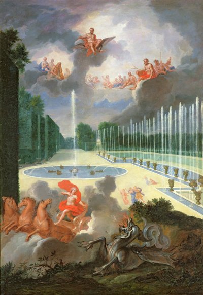 Versaillesin lehdot. Näkymä Lohikäärmealtaalle ja Neptunuksen altaalle, Apollon tappaessa Pythonin tekijältä Jean the Younger Cotelle