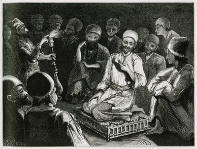 Persialainen tarinankertoja ympäröi yleisönsä. Matkustaja-kirjailijan kaiverrus havainnollistamaan tarinaa "" Persia, Kaldea ja Susiane"" tekijältä Jeanne Dieulafoy
