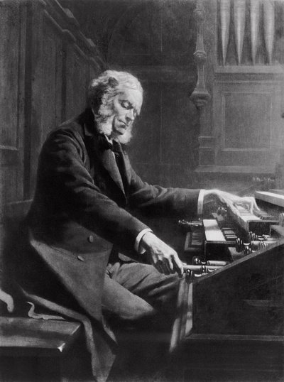 Cesar Franck urkujen konsolissa St. Clotilden basilikassa, Pariisissa, 1885 tekijältä Jeanne Rongier