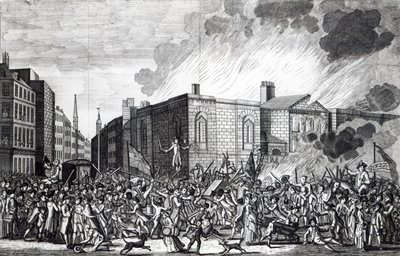 Tarkka esitys Newgaten polttamisesta, ryöstöstä ja tuhosta mellakoijien toimesta ikimuistoisena 7. kesäkuuta 1780, kaivertanut Henry Roberts, 1781 tekijältä Jefferyes Hammett O