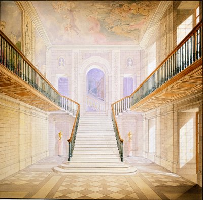Suunnittelu portaikkoon Painted Hallissa, Chatsworth (akvarelli paperille) tekijältä Jeffry Wyatville