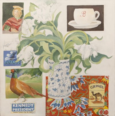 Ephemera, mm. kahvikuppi, savukepakkaukset, postikortti ja tulppaanit. tekijältä Jennifer Abbott