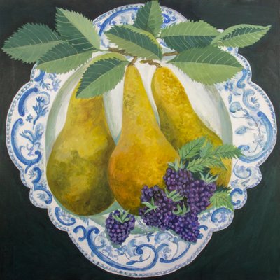 Päärynät lautasella, 2018 (akryyli kankaalle) tekijältä Jennifer Abbott