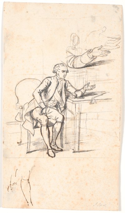 Tutkimus Holmskioldin perheen muotokuvaa varten vuodelta 1787: salainen neuvosto. Theodor Holmskiold istuu pöydässä tekijältä Jens Juel