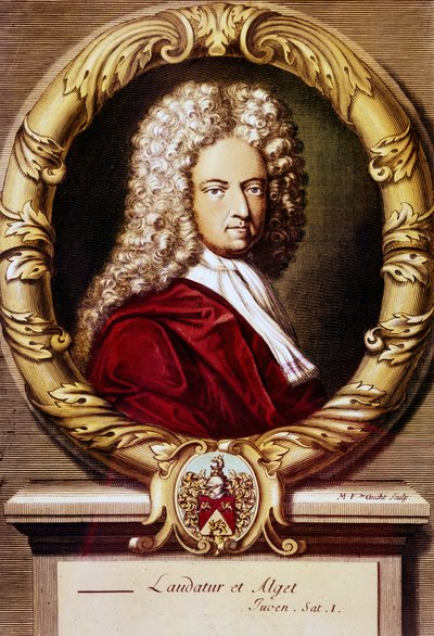 Daniel Defoen muotokuva (värinen lito) tekijältä Jeremiah (after) Taverner
