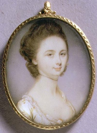 Muotokuvaminiatyyri naisesta valkoisessa puvussa, n. 1780-85 (akvarelli norsunluun päälle). tekijältä Jeremiah Meyer