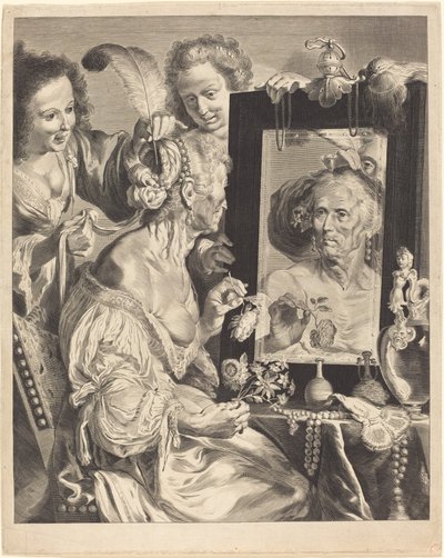 Vanha nainen wc-pöydän ääressä tekijältä Jeremias Falck after Johann Liss after Bernardo Strozzi