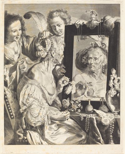Vanha nainen wc-pöydän ääressä tekijältä Jeremias Falck after Johann Liss after Bernardo Strozzi