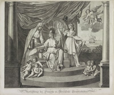 Allegoria liitosta Ranskan kanssa, 1795 Ranskan ja Batavian kansainyhteisön yhteys (otsikko esineessä) tekijältä Jeremias Snoek