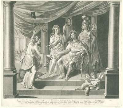 Allegoria kansalliskokouksesta, 1796 Symbolinen taidevedos Alankomaiden kansaa edustavassa kansalliskokouksessa (otsikko esineessä) tekijältä Jeremias Snoek
