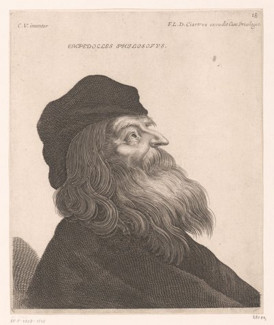 Empedokleen muotokuva Empedocles philosophus. (otsikko esineessä) Filosofien ja kuninkaiden rintakuvat (sarjan nimi) tekijältä Jerôme David (attributed to)
